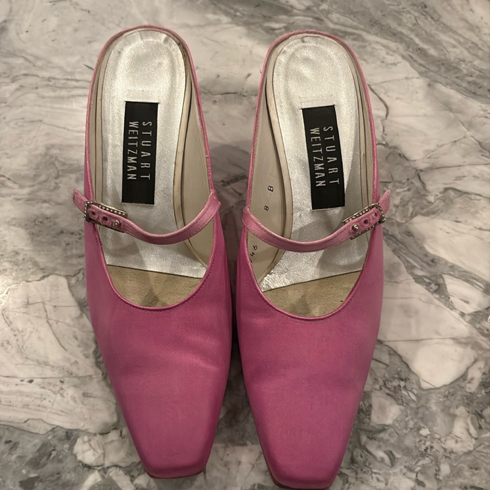 Vintage Stuart Weitzman pink satin heels, square toe, silver buckled strap, 8